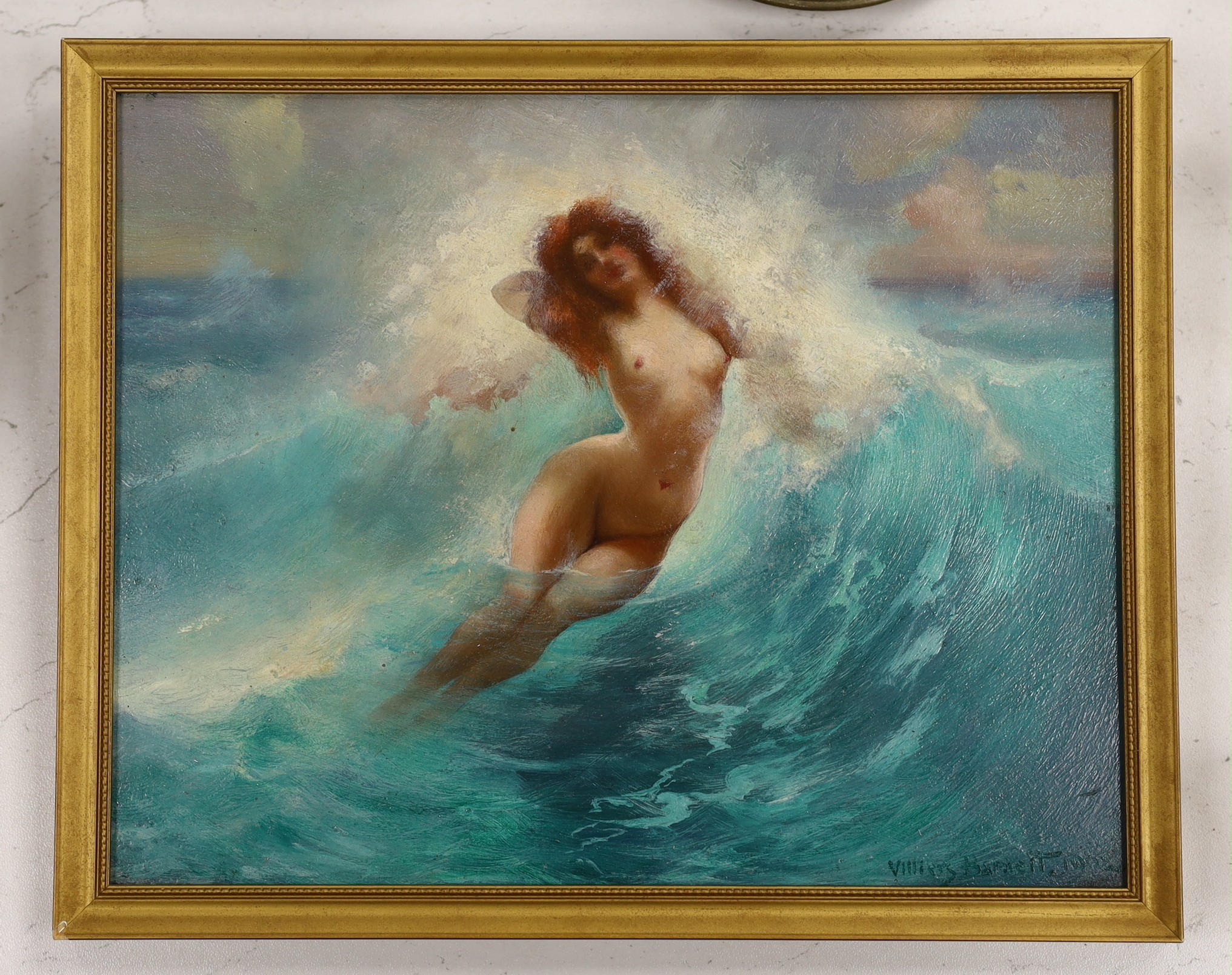 Harry Villiers Barnett (b.1859), oil on board, Nude amongst waves, signed and dated 1902, 18 x 23cm